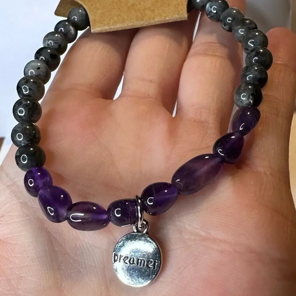 Labradorite Amethyst stretch bracelet Dreamer charm beads gemstone 7 inch